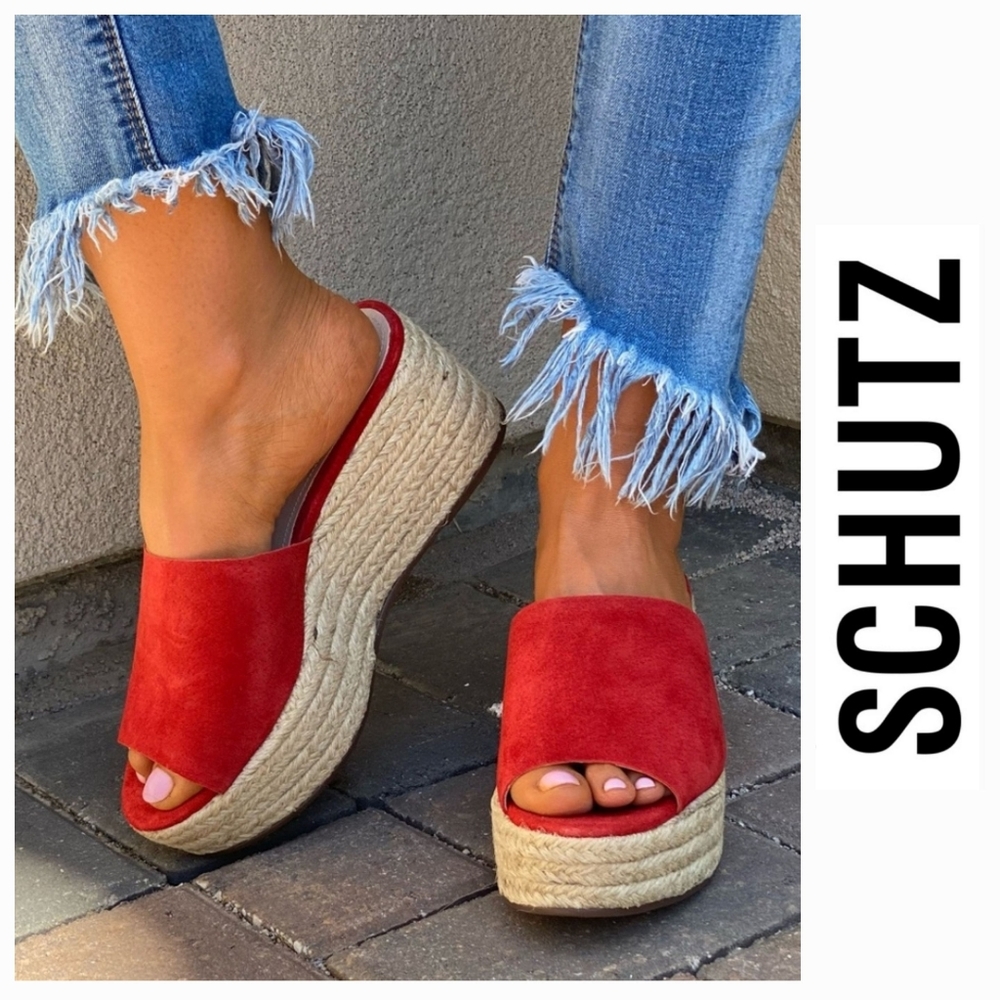 SCHUTZ Red Suede Espadrille Wedge Slide Sandals